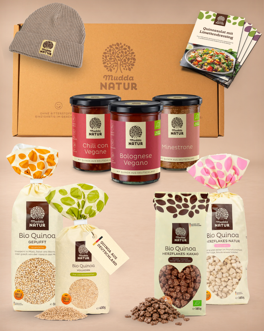 mudda-beh-tet-von-herzen-bio-quinoa-geschenkset-m-tze-sand image 1